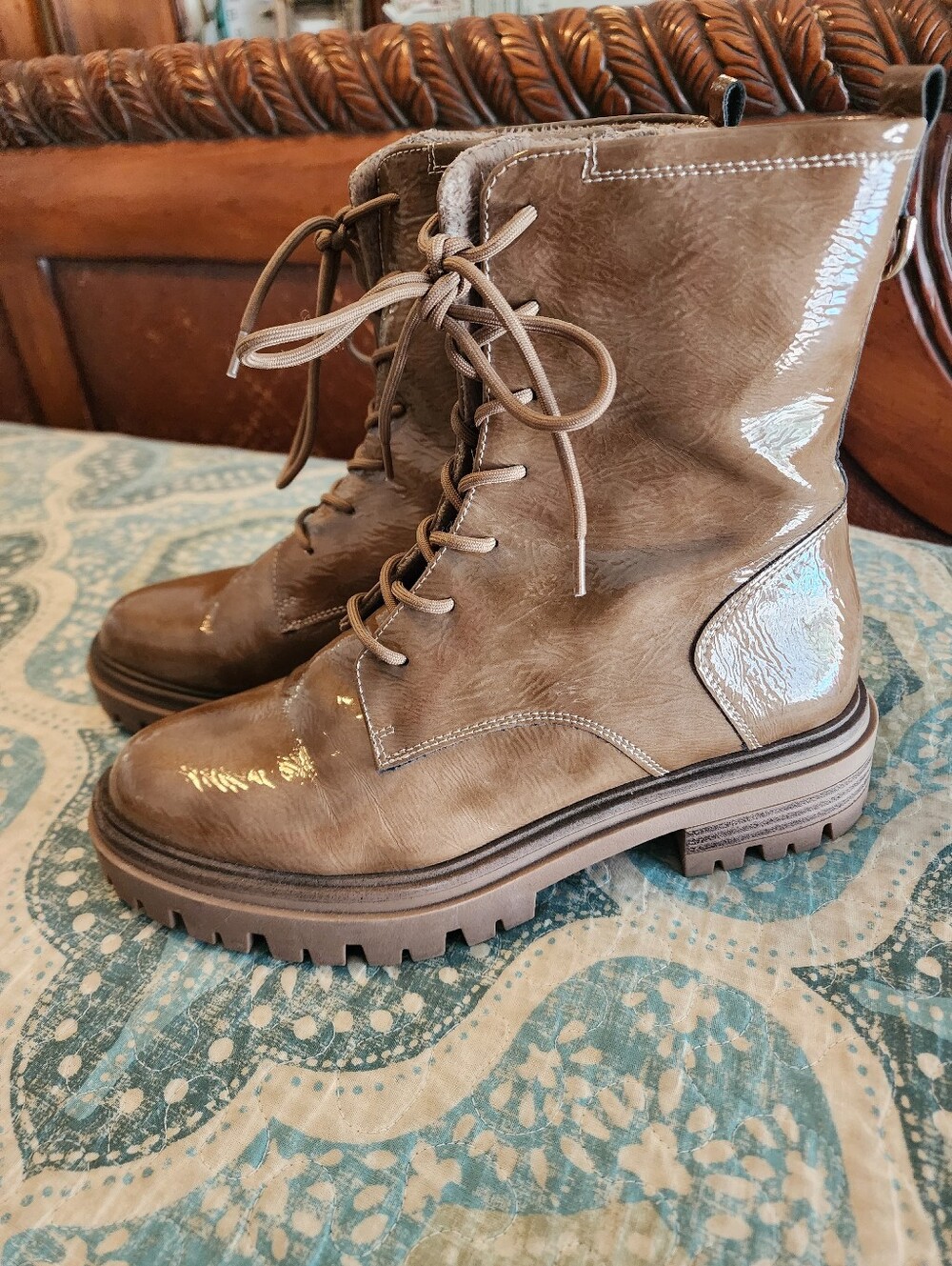 Fleece Lined Chunky Lug Sole Glossy Taupe  Vegan Patent Combat Boots Brown